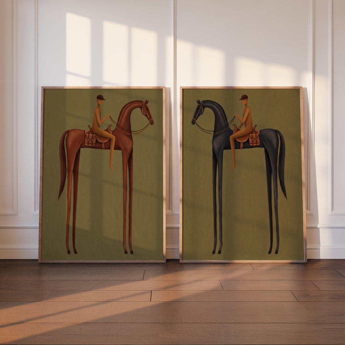 Equestrian Prints Set, Mid Century Modern Horse Wall Art, Vintage Jockey Painting, Neutral Surreal Diptych, Minimalist Western Rider Canvas