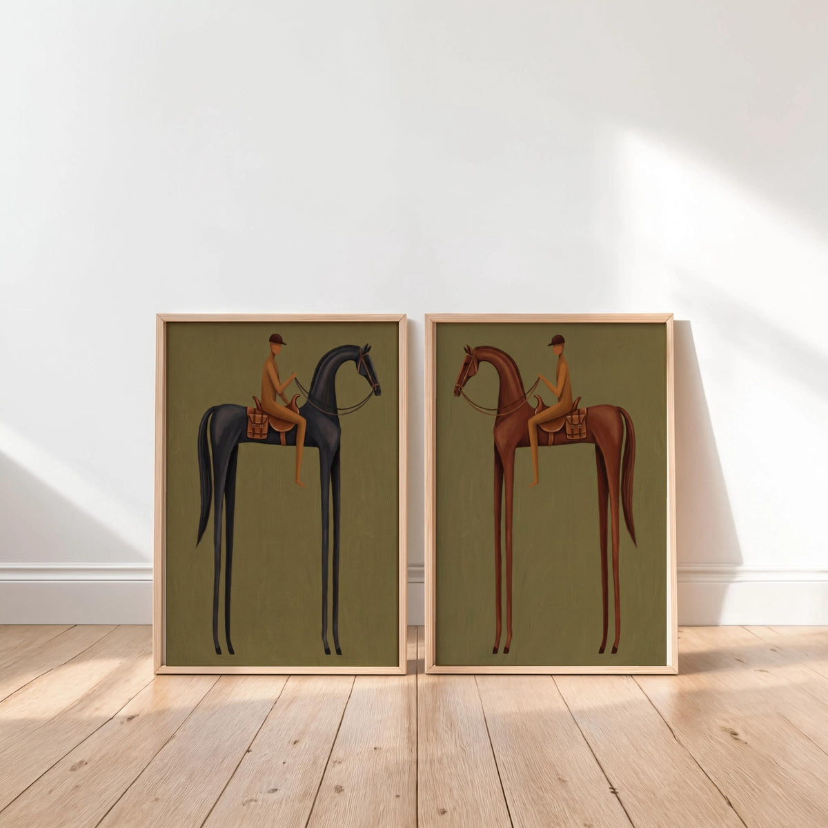 Equestrian Prints Set, Mid Century Modern Horse Wall Art, Vintage Jockey Painting, Neutral Surreal Diptych, Minimalist Western Rider Canvas