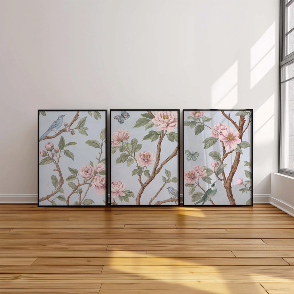 Light Blue, Pink, Green Chinoiserie, Pastel Chinese Wallpaper Print, Coquette Wall Art Set of 3, Birds & Flowers Botanical Tapestry Painting