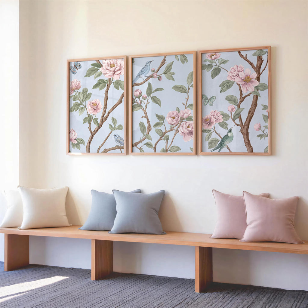 Light Blue, Pink, Green Chinoiserie, Pastel Chinese Wallpaper Print, Coquette Wall Art Set of 3, Birds & Flowers Botanical Tapestry Painting