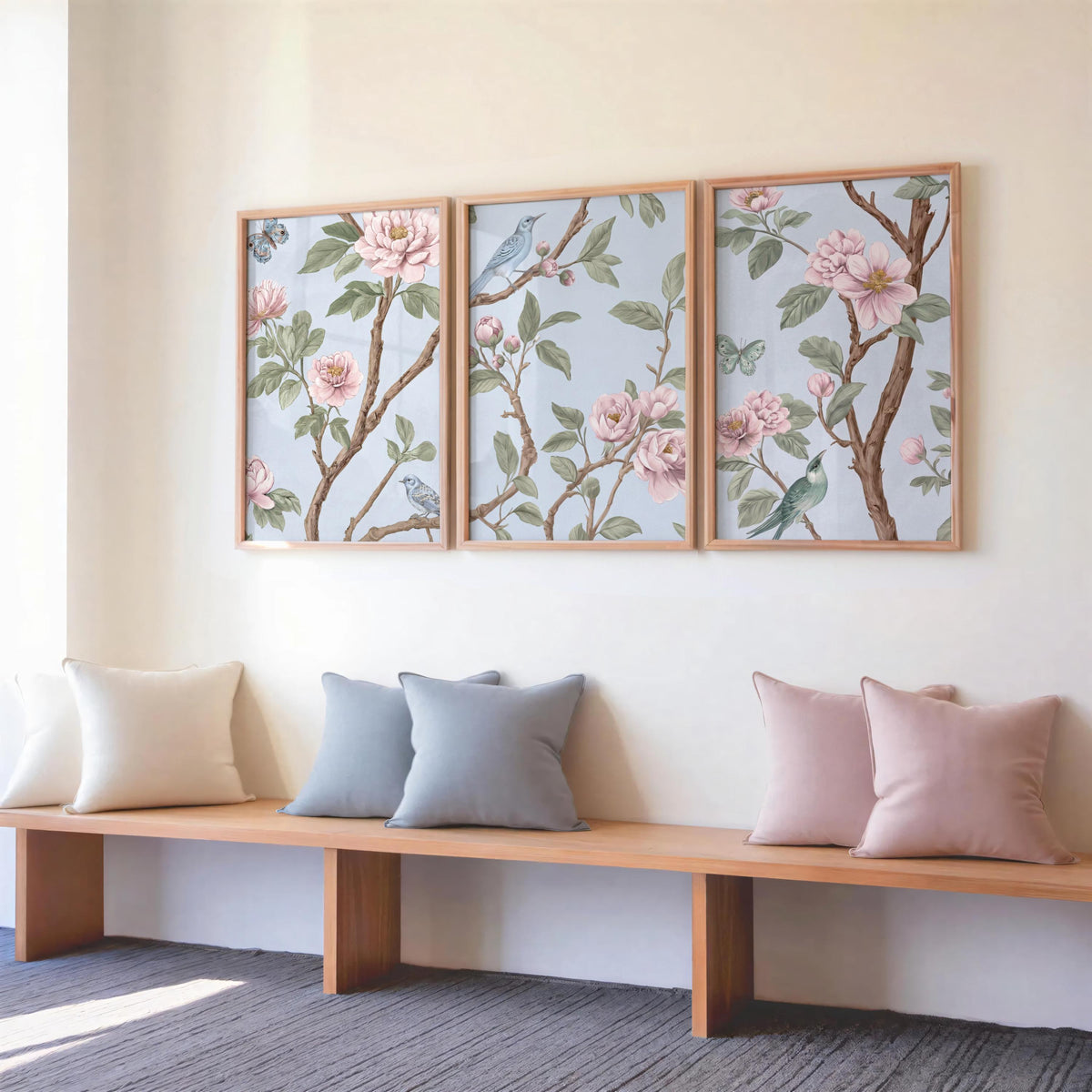 Light Blue, Pink, Green Chinoiserie, Pastel Chinese Wallpaper Print, Coquette Wall Art Set of 3, Birds & Flowers Botanical Tapestry Painting