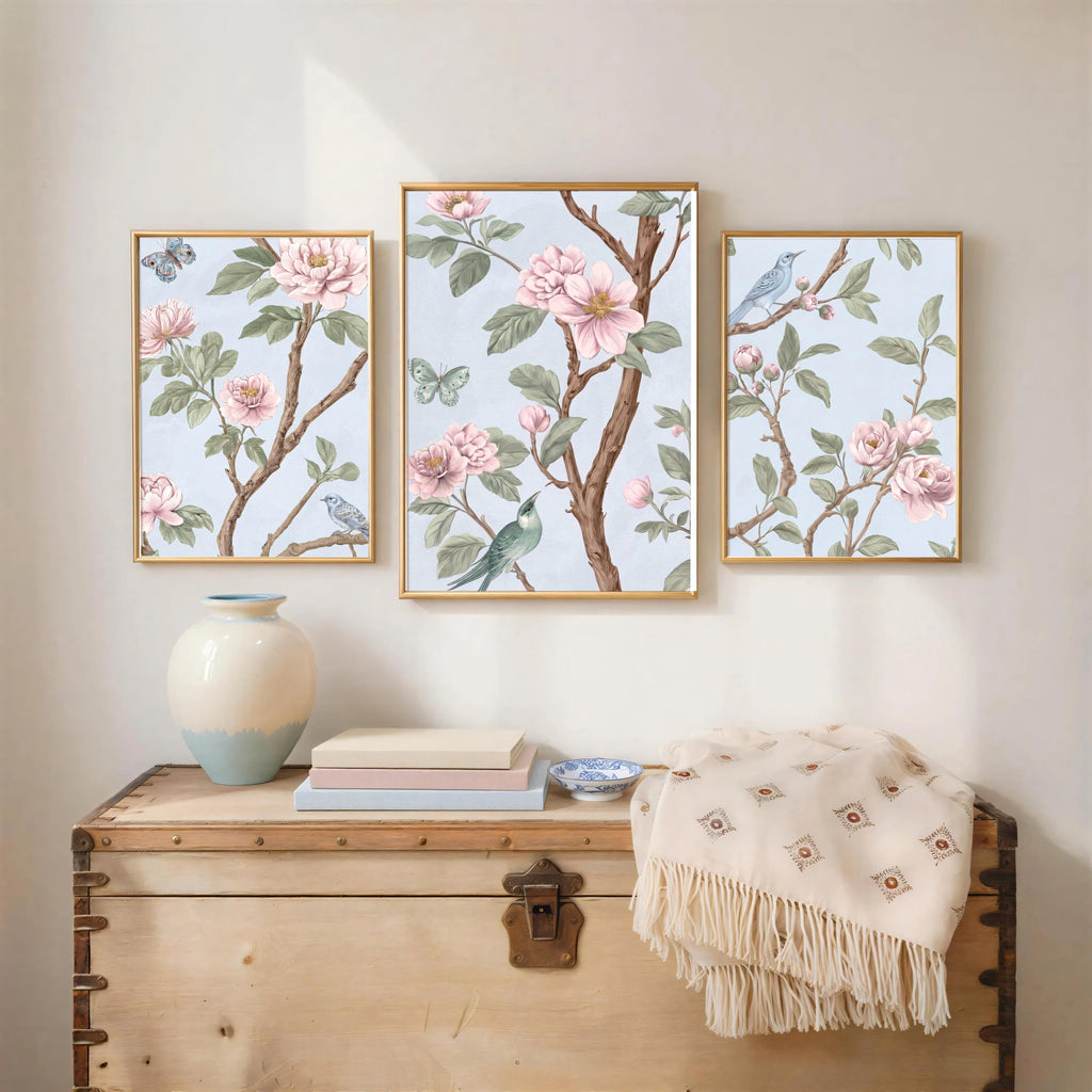 Light Blue, Pink, Green Chinoiserie, Pastel Chinese Wallpaper Print, Coquette Wall Art Set of 3, Birds & Flowers Botanical Tapestry Painting