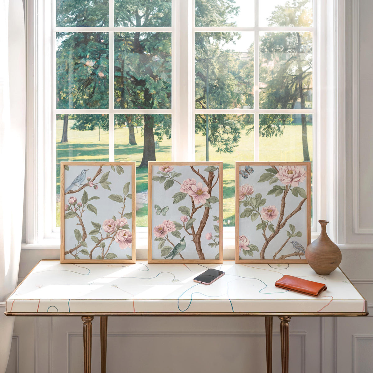 Light Blue, Pink, Green Chinoiserie, Pastel Chinese Wallpaper Print, Coquette Wall Art Set of 3, Birds & Flowers Botanical Tapestry Painting