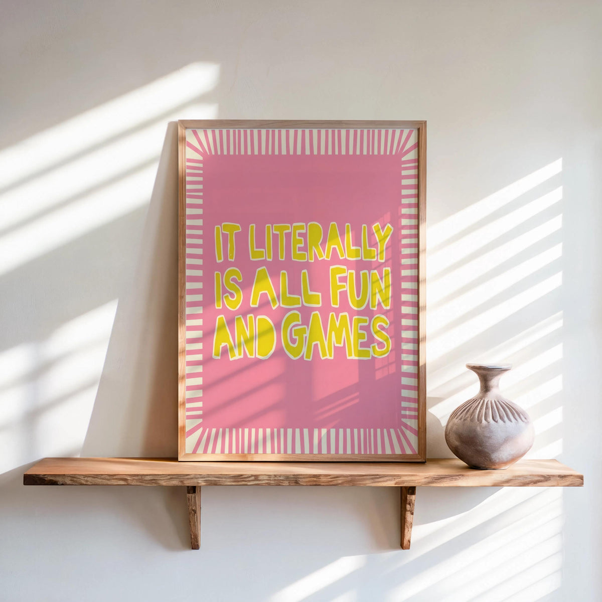 It's Literally All Fun and Games Poster, Wavy Typography Print, Striped Border Wall Art, Funny Quote Poster, Retro Green Pink Blue Decor