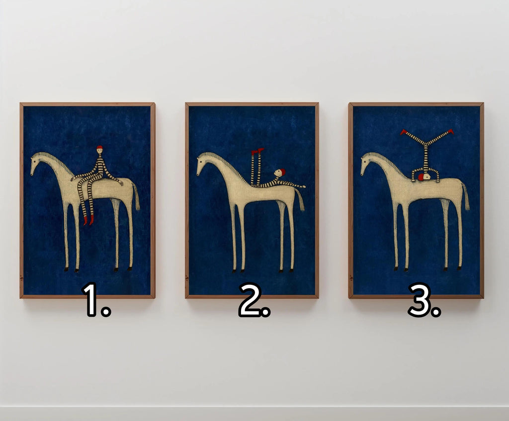 Abstract Horse Set of 3 Wall Art, Surreal Vintage Equestrian Print Triptych, Red Blue Green Minimalist Folk Figure, Dark Circus Poster Panel