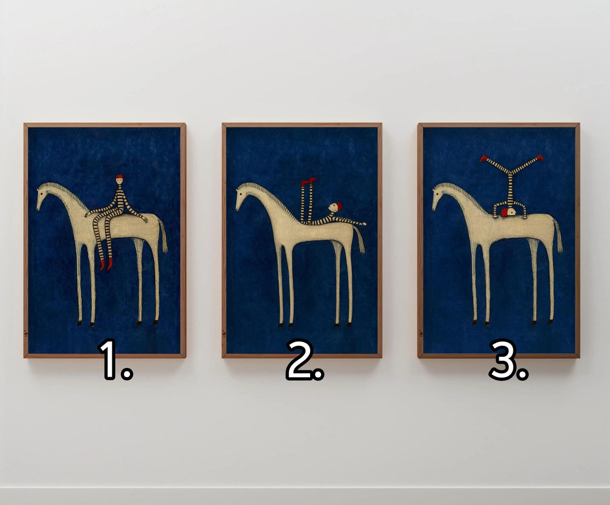 Abstract Horse Set of 3 Wall Art, Surreal Vintage Equestrian Print Triptych, Red Blue Green Minimalist Folk Figure, Dark Circus Poster Panel