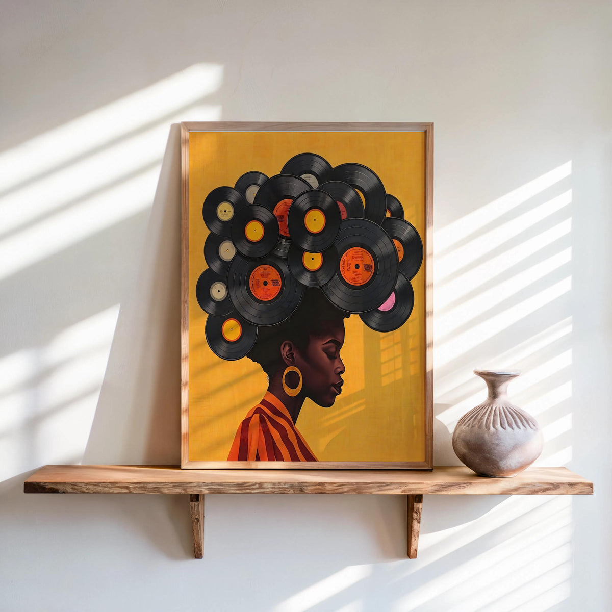 Golden yellow background framed print on wooden shelf, bold profile and orange record labels, black woman vinyl record wall art