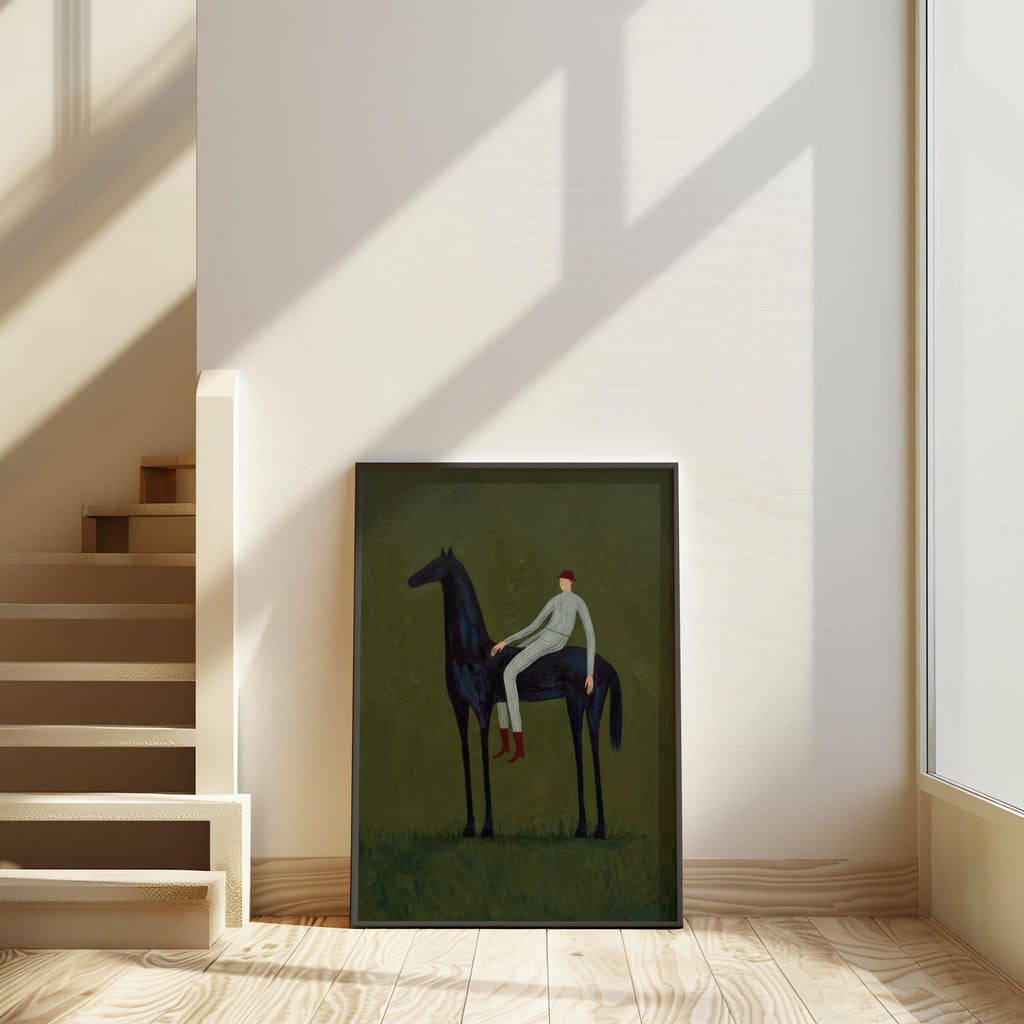 Vertical horse and rider wall art propped by staircase, sunlight on floor, minimalist equestrian print.
