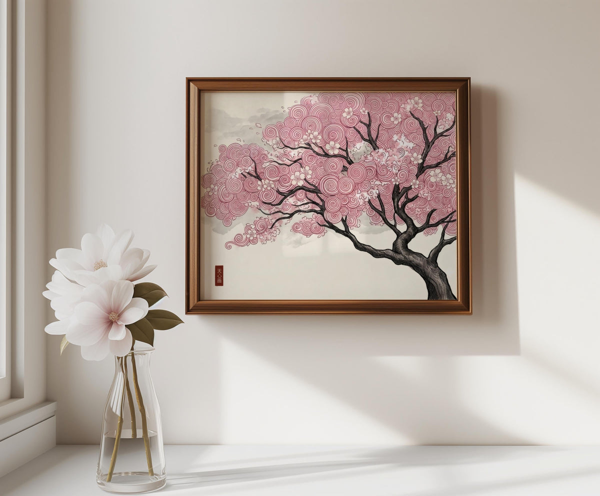 Japanese woodblock sakura tree in pink