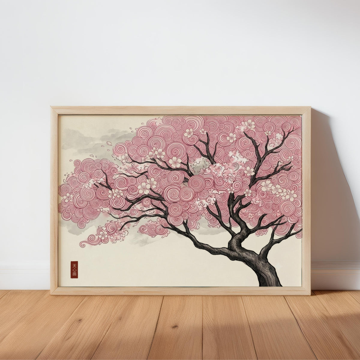 Japanese woodblock sakura tree in pink