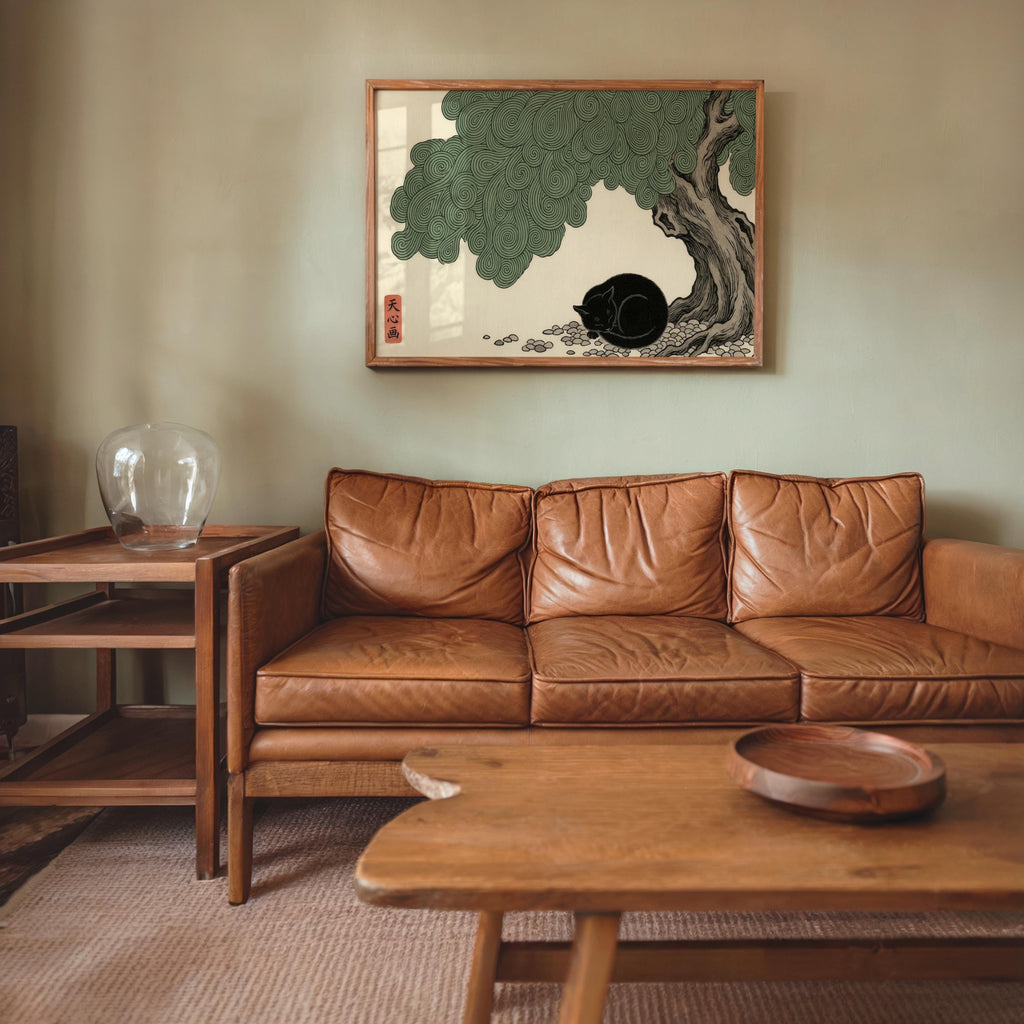 Sleeping Black Cat Japanese Woodblock Style Poster, Swirl Botanical Print, Japandi Zen Wall Decor