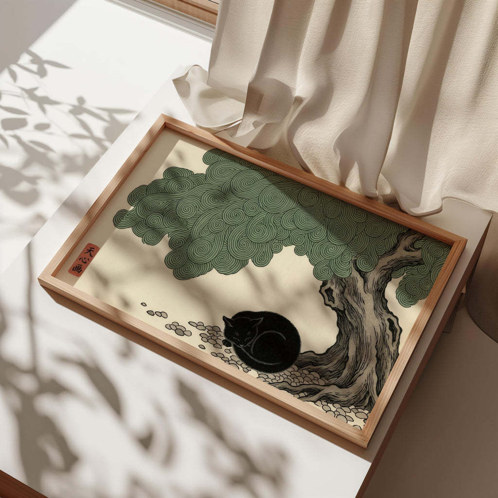 Sleeping Black Cat Japanese Woodblock Style Poster, Swirl Botanical Print, Japandi Zen Wall Decor
