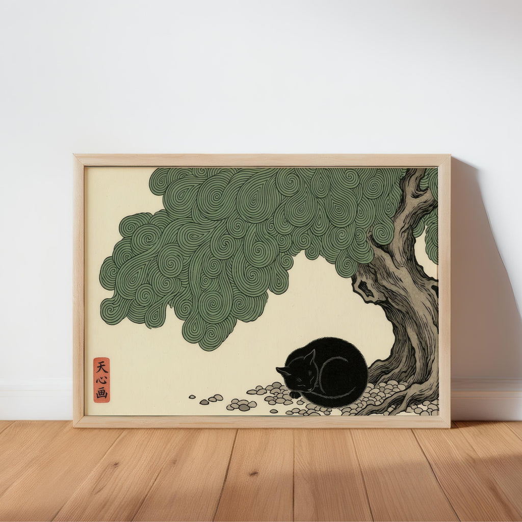 Sleeping Black Cat Japanese Woodblock Style Poster, Swirl Botanical Print, Japandi Zen Wall Decor