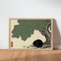 Sleeping Black Cat Japanese Woodblock Style Poster, Swirl Botanical Print, Japandi Zen Wall Decor