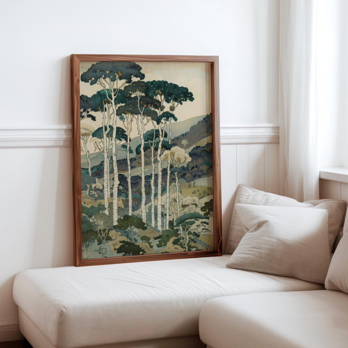 Vintage Tall Trees Over Rolling Hills Print, Forest & Mountain Landscape Wall Art, Living Room Poster, Japanese Style Nature Woodblock Decor