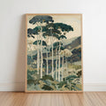 Vintage Tall Trees Over Rolling Hills Print, Forest & Mountain Landscape Wall Art, Living Room Poster, Japanese Style Nature Woodblock Decor