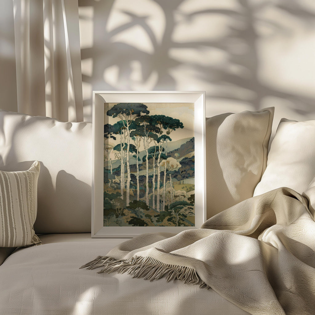 Vintage Tall Trees Over Rolling Hills Print, Forest & Mountain Landscape Wall Art, Living Room Poster, Japanese Style Nature Woodblock Decor