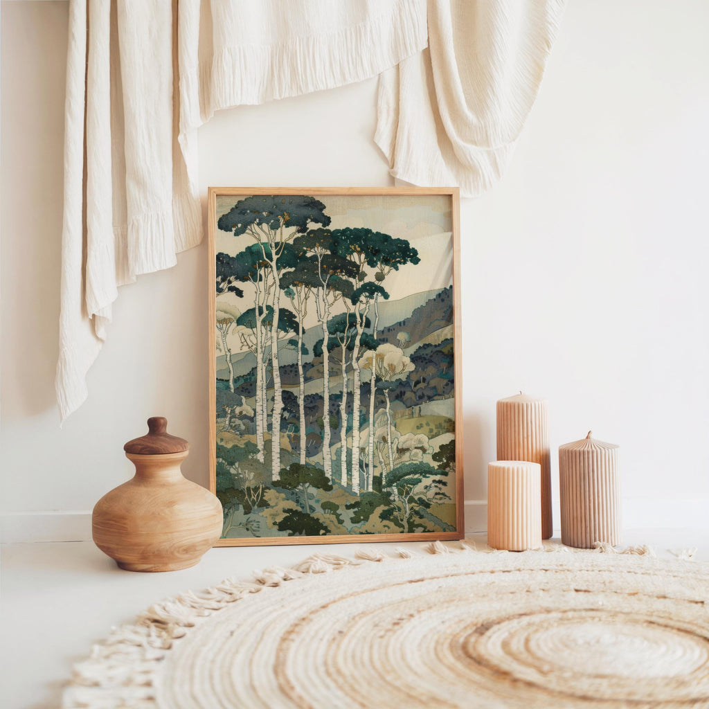 Vintage Tall Trees Over Rolling Hills Print, Forest & Mountain Landscape Wall Art, Living Room Poster, Japanese Style Nature Woodblock Decor