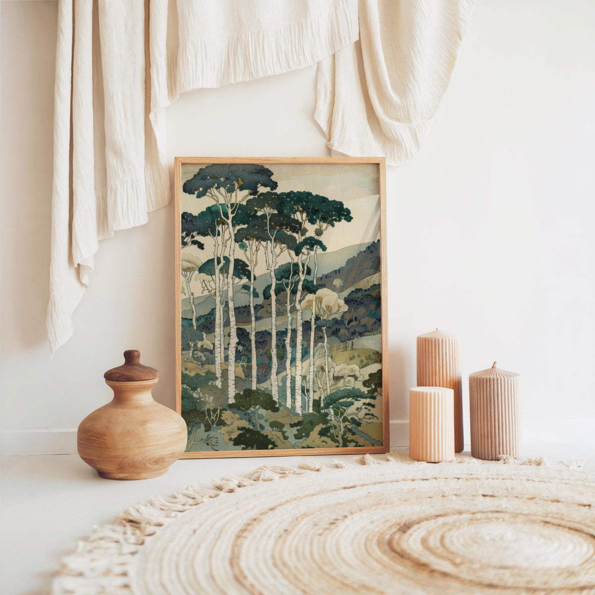 Vintage Tall Trees Over Rolling Hills Print, Forest & Mountain Landscape Wall Art, Living Room Poster, Japanese Style Nature Woodblock Decor