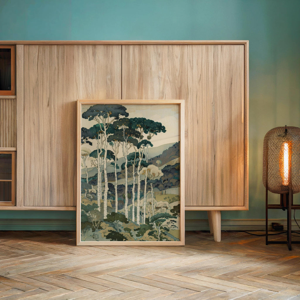 Vintage Tall Trees Over Rolling Hills Print, Forest & Mountain Landscape Wall Art, Living Room Poster, Japanese Style Nature Woodblock Decor