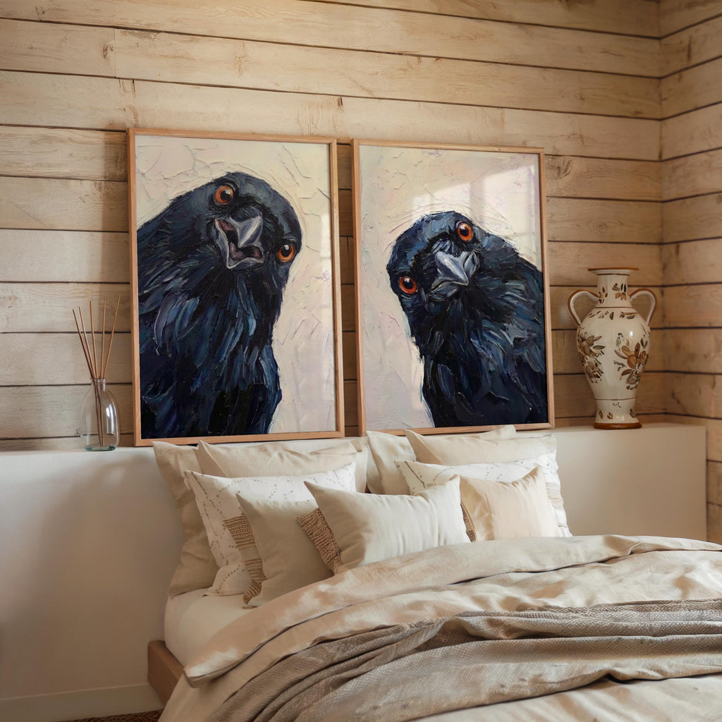 Whimsical Crows Wall Art Set of 2, Curious Raven Portrait, Moody Bird Lover Painting, Rustic Animal Print, Nursery Gift, Modern Home Decor