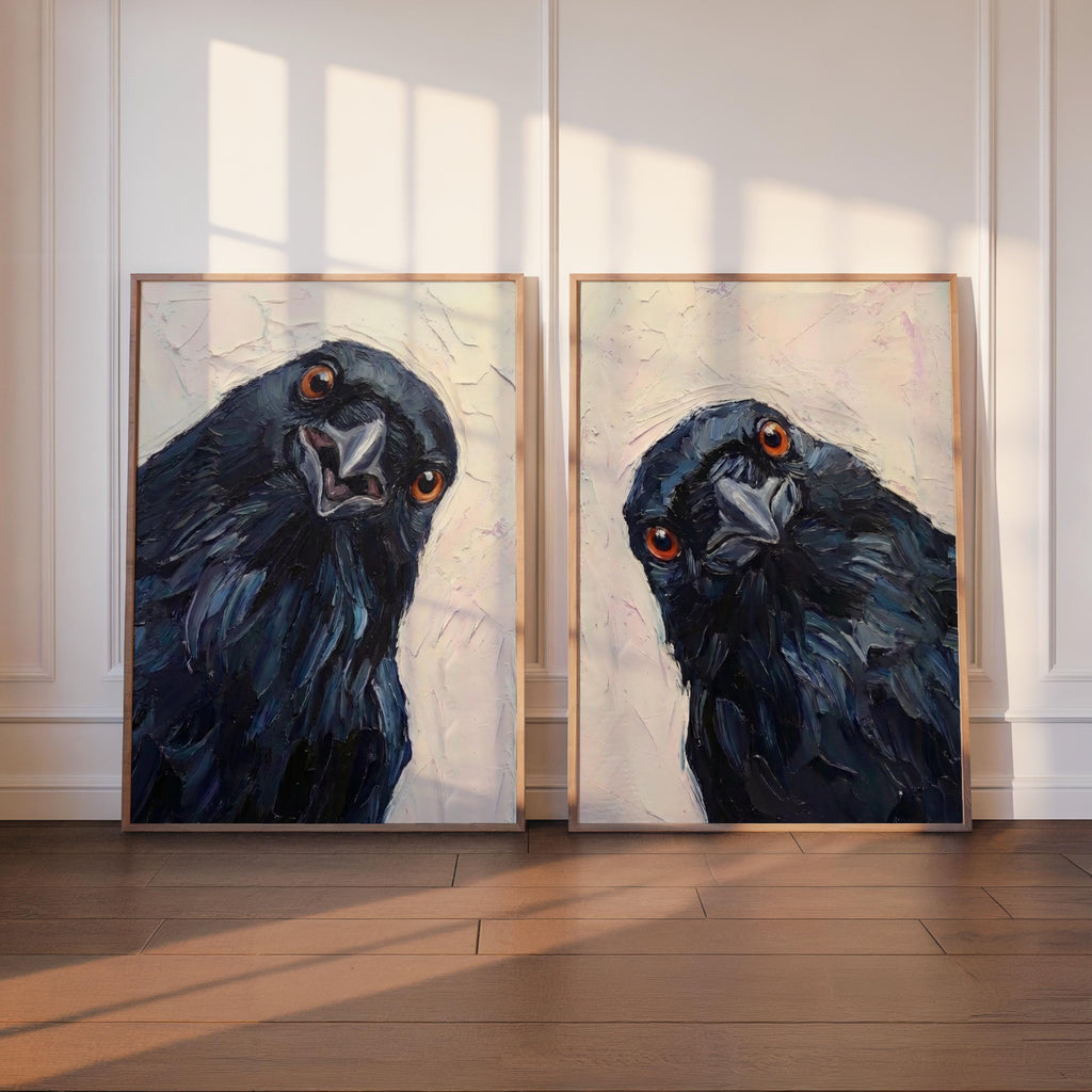 Whimsical Crows Wall Art Set of 2, Curious Raven Portrait, Moody Bird Lover Painting, Rustic Animal Print, Nursery Gift, Modern Home Decor