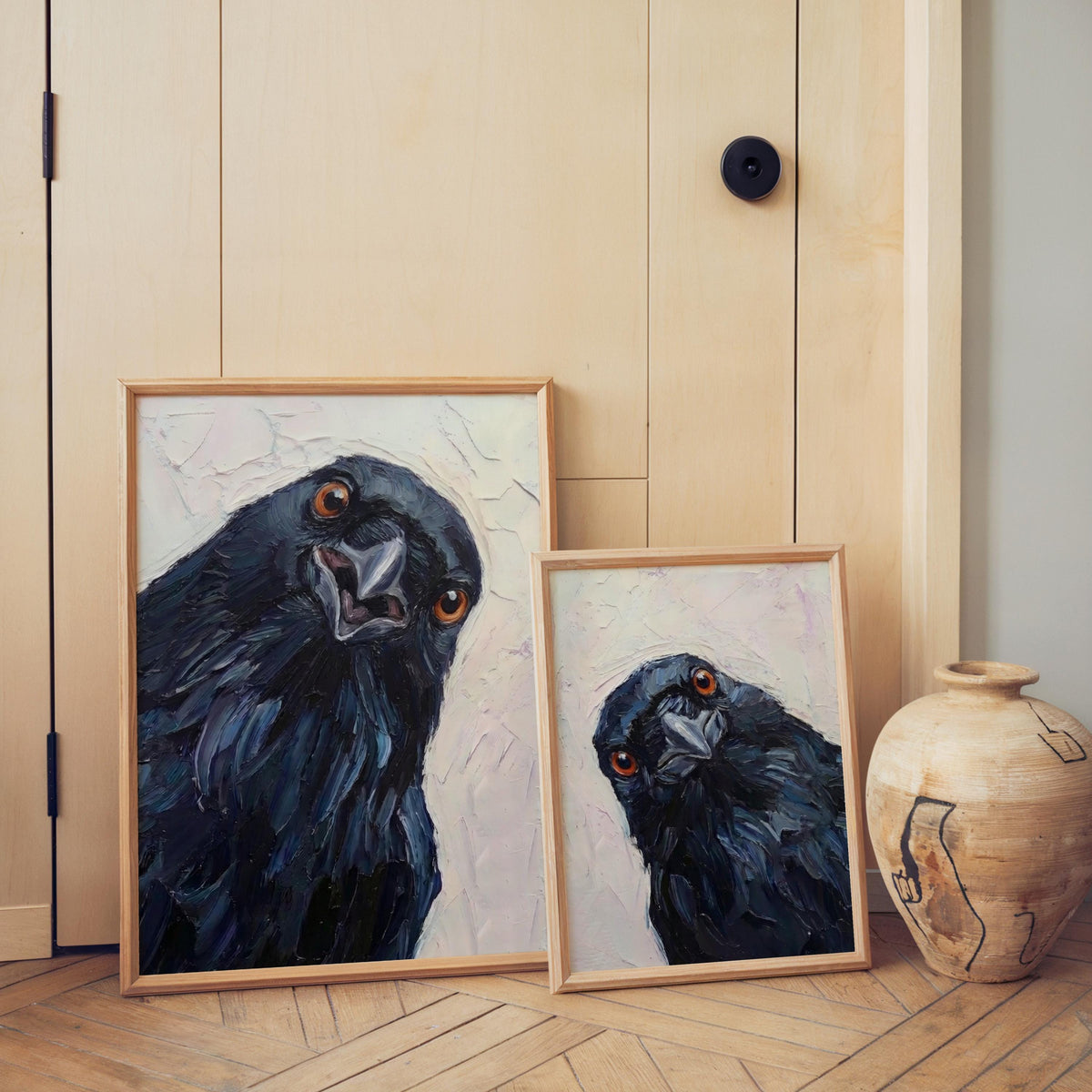Whimsical Crows Wall Art Set of 2, Curious Raven Portrait, Moody Bird Lover Painting, Rustic Animal Print, Nursery Gift, Modern Home Decor