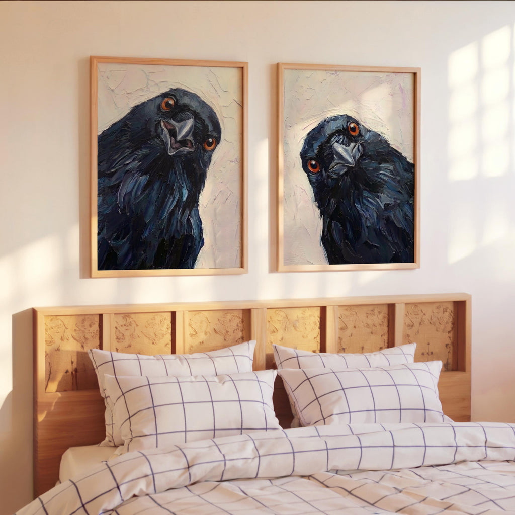 Whimsical Crows Wall Art Set of 2, Curious Raven Portrait, Moody Bird Lover Painting, Rustic Animal Print, Nursery Gift, Modern Home Decor