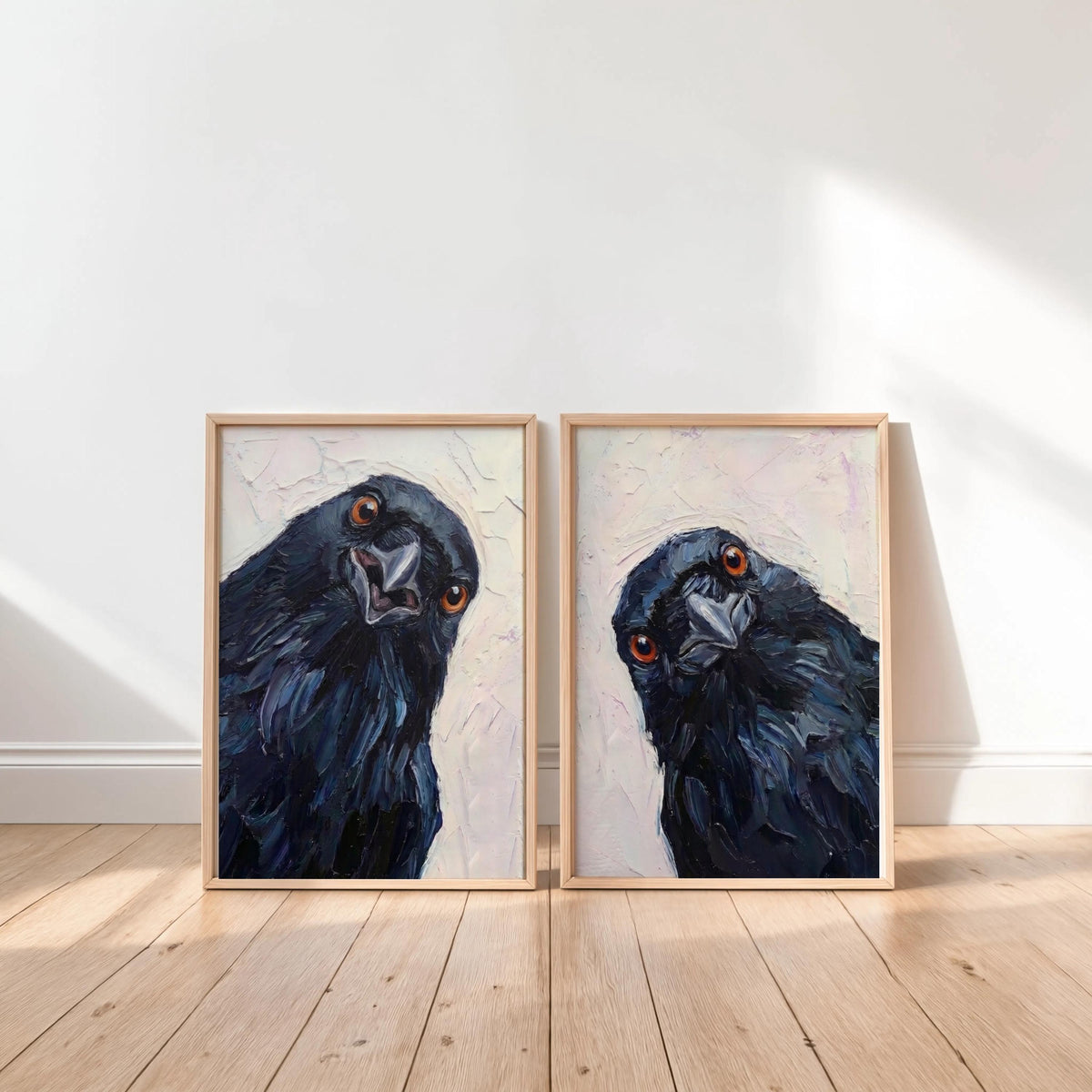 Whimsical Crows Wall Art Set of 2, Curious Raven Portrait, Moody Bird Lover Painting, Rustic Animal Print, Nursery Gift, Modern Home Decor