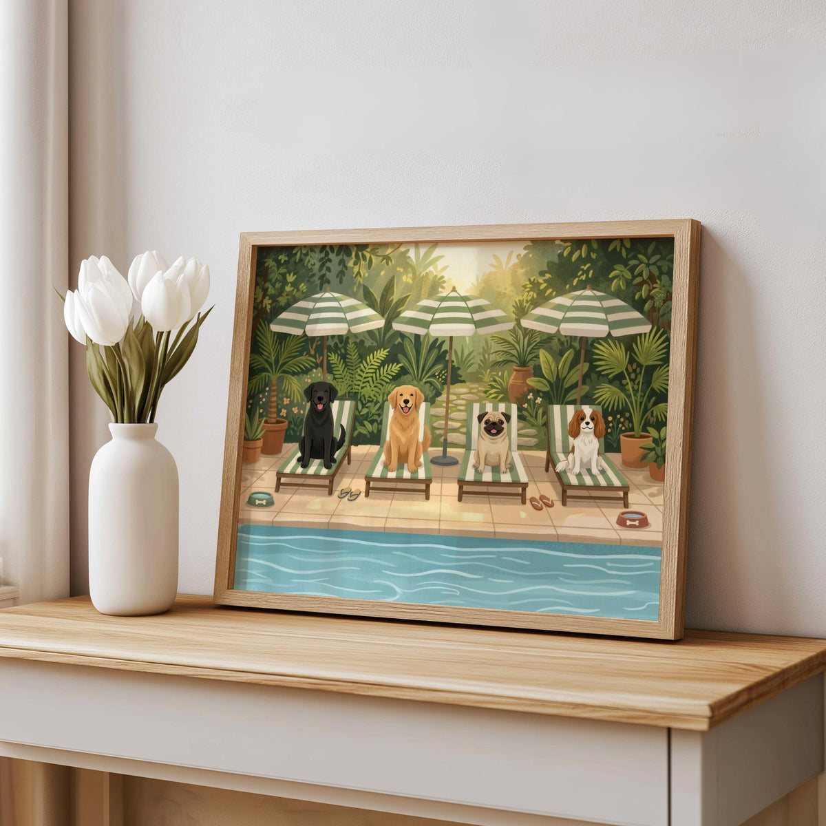 Poolside Dog Wall Art, Funny Dogs on Sun Loungers Print, Retro Tropical Garden Poster, Summer Home Decor, Pet Lover Gift, Dog Mom Gift