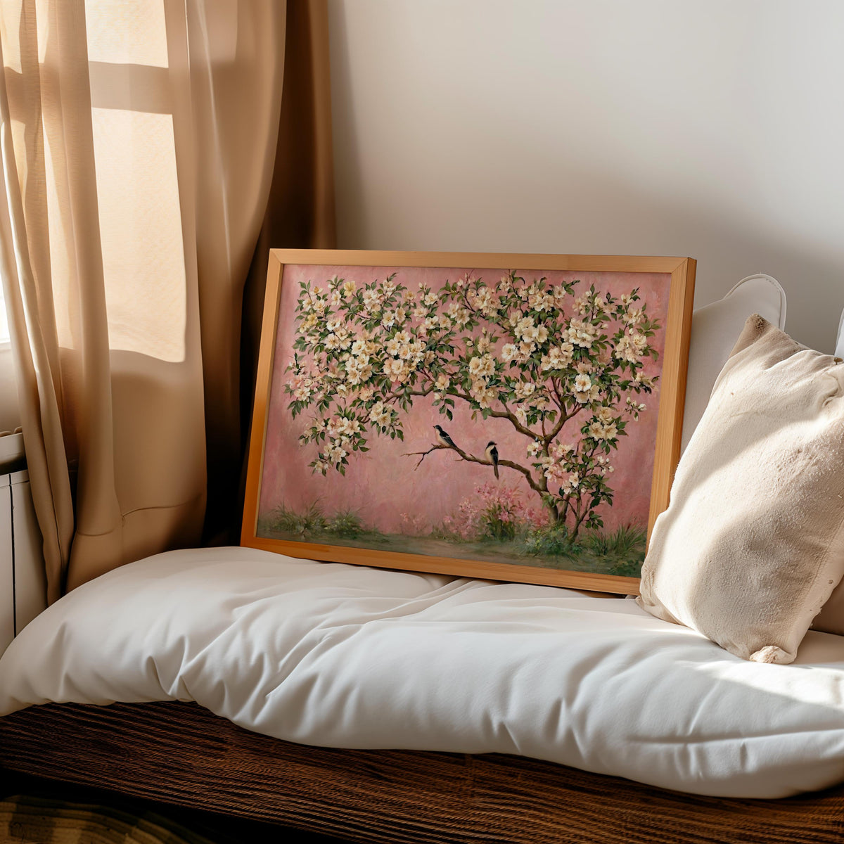 Pink Chinoiserie Wall Art, Horizontal Pastel Bird Floral Print, Grandmillennial Blossom Tree Painting, Coquette Large Tapestry, Girly Decor