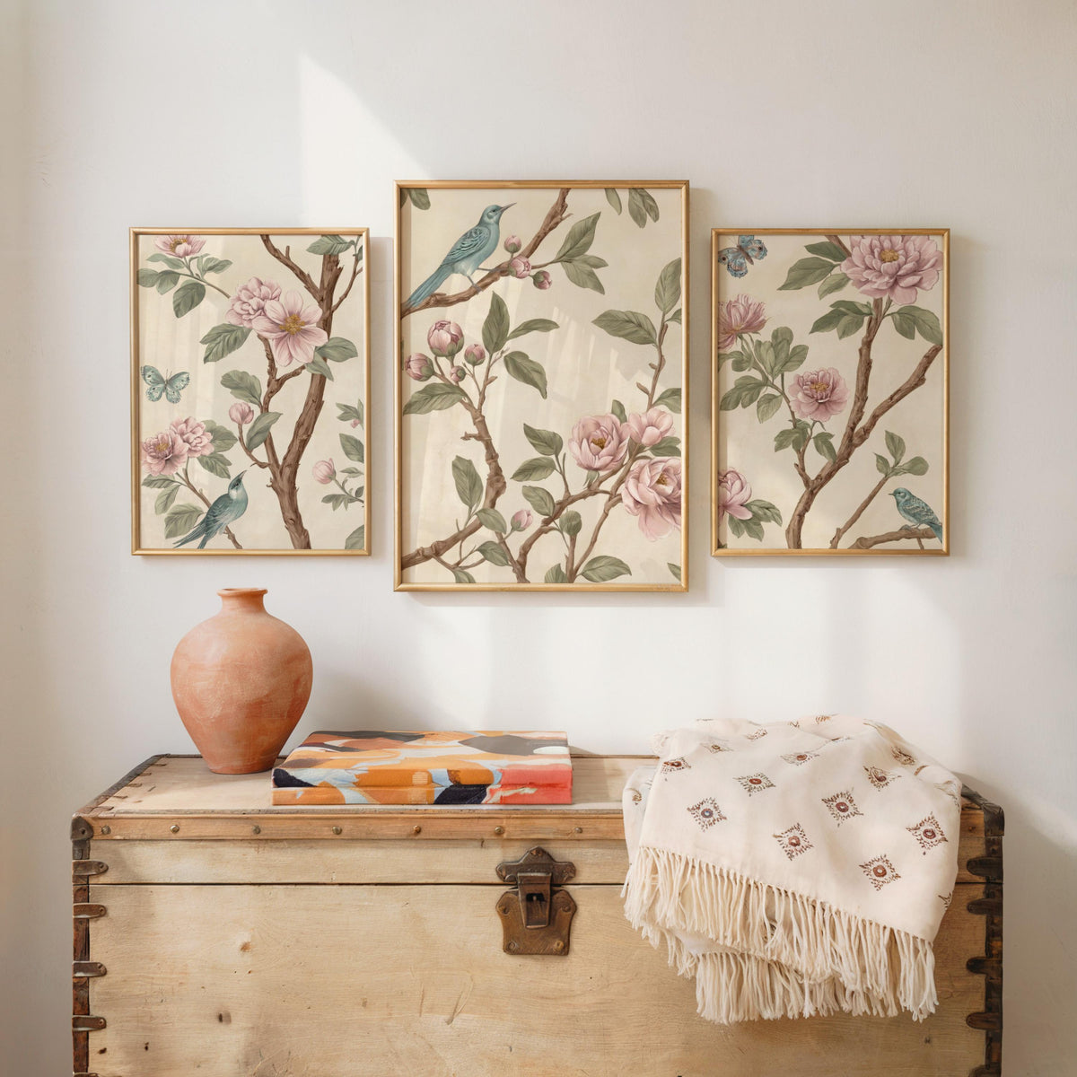 Neutral Chinoiserie Set of 2, Beige Pastel Floral Birds Print, Chinese Wallpaper, Retro Coquette Wall Art, Light Botanical Tapestry Painting