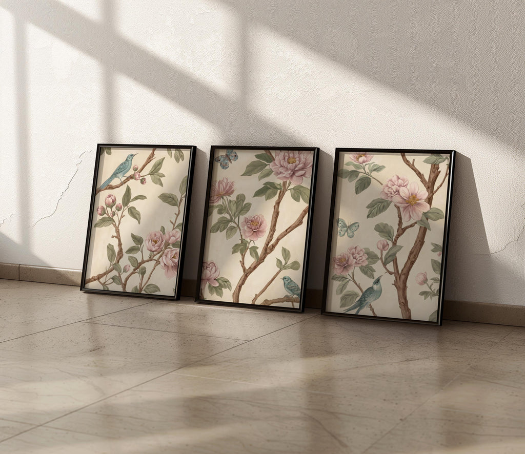 Neutral Chinoiserie Set of 2, Beige Pastel Floral Birds Print, Chinese Wallpaper, Retro Coquette Wall Art, Light Botanical Tapestry Painting