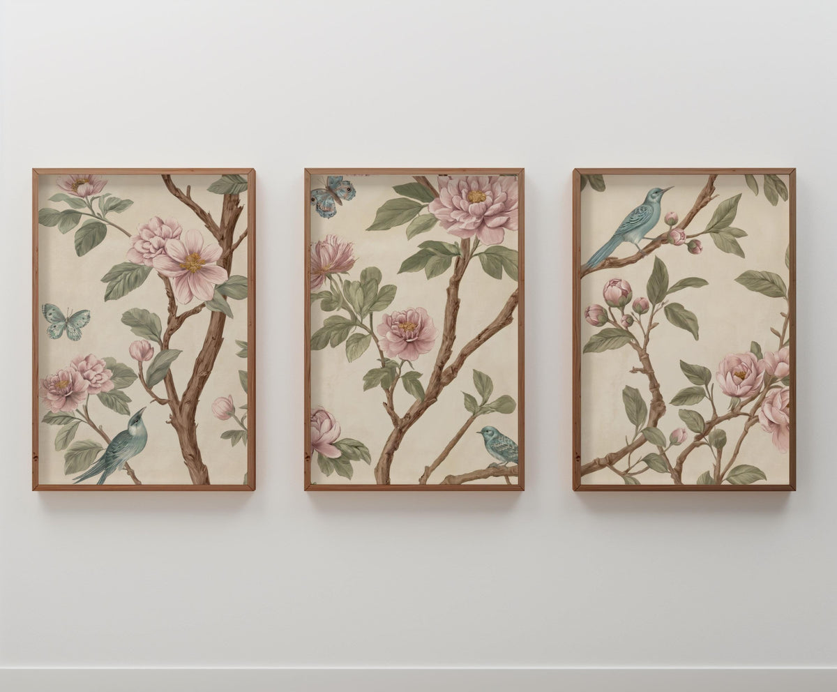 Neutral Chinoiserie Set of 2, Beige Pastel Floral Birds Print, Chinese Wallpaper, Retro Coquette Wall Art, Light Botanical Tapestry Painting