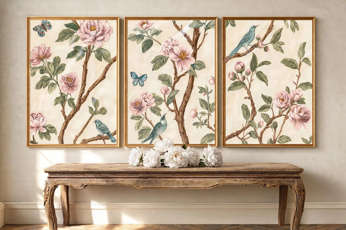 Neutral Chinoiserie Set of 2, Beige Pastel Floral Birds Print, Chinese Wallpaper, Retro Coquette Wall Art, Light Botanical Tapestry Painting