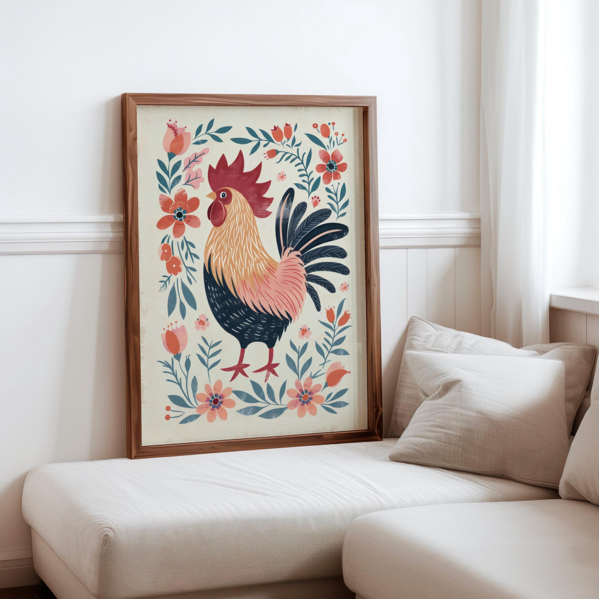 Scandinavian Folk Art Rooster Print, Botanical Floral Kitchen Decor, Boho Cottagecore Farmhouse Poster