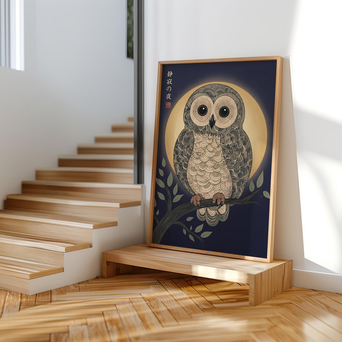 Japanese Owl Woodblock Print, Ukiyo-e Bird Nature Poster, Japandi Zen Wildlife Art