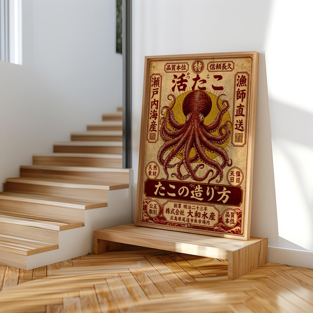 Vintage Japanese Octopus Poster, Ukiyo-e Style Wall Art, Retro Ad Print, Eclectic Office Decor, Kraken Asian Typograhy Pop Art