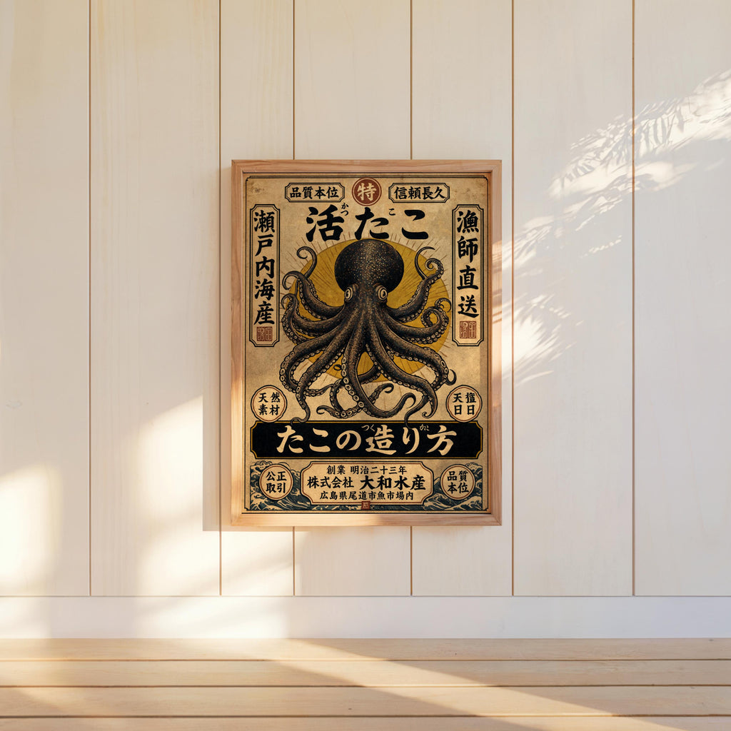 Vintage Japanese Octopus Poster, Ukiyo-e Style Wall Art, Retro Ad Print, Eclectic Office Decor, Kraken Asian Typograhy Pop Art