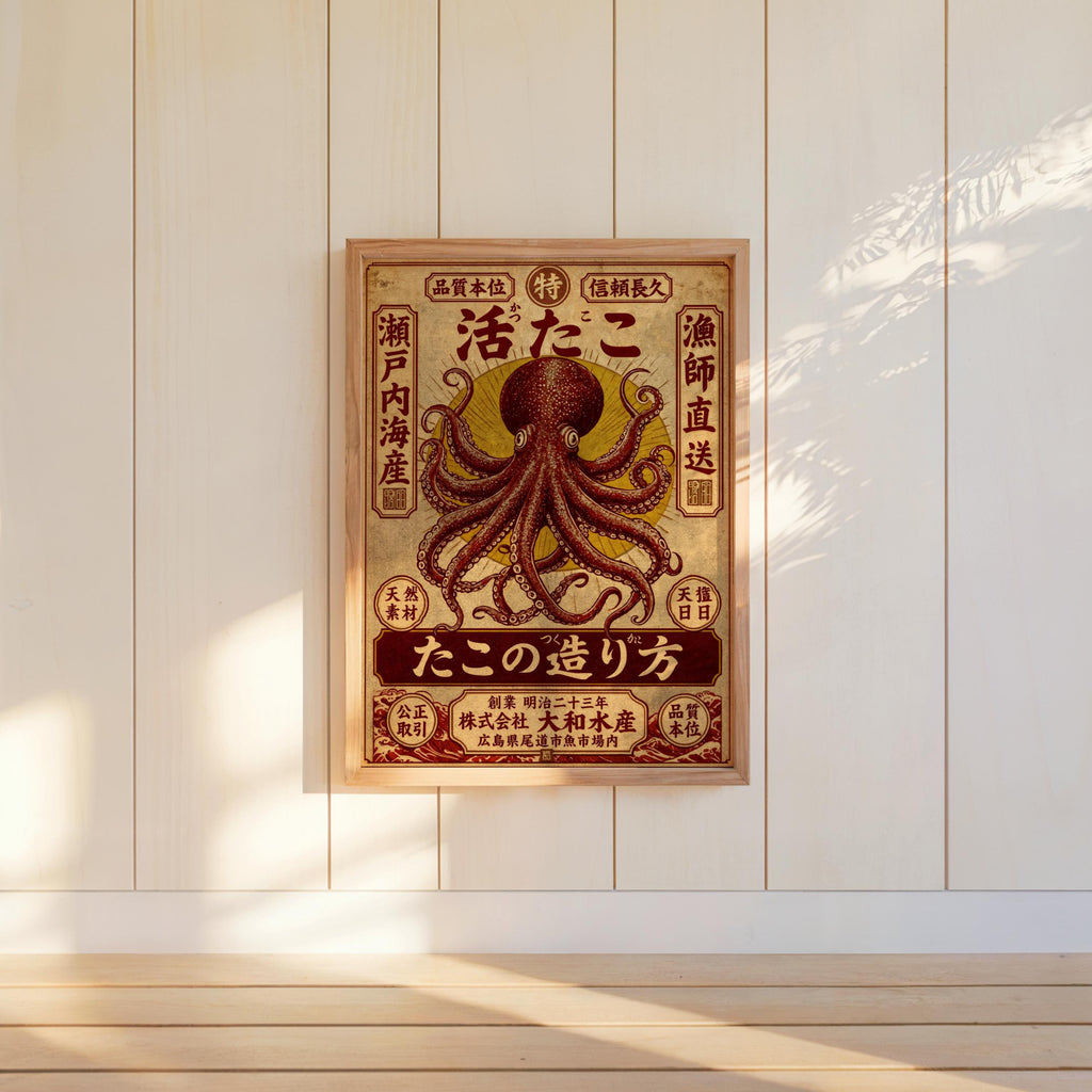 Vintage Japanese Octopus Poster, Ukiyo-e Style Wall Art, Retro Ad Print, Eclectic Office Decor, Kraken Asian Typograhy Pop Art
