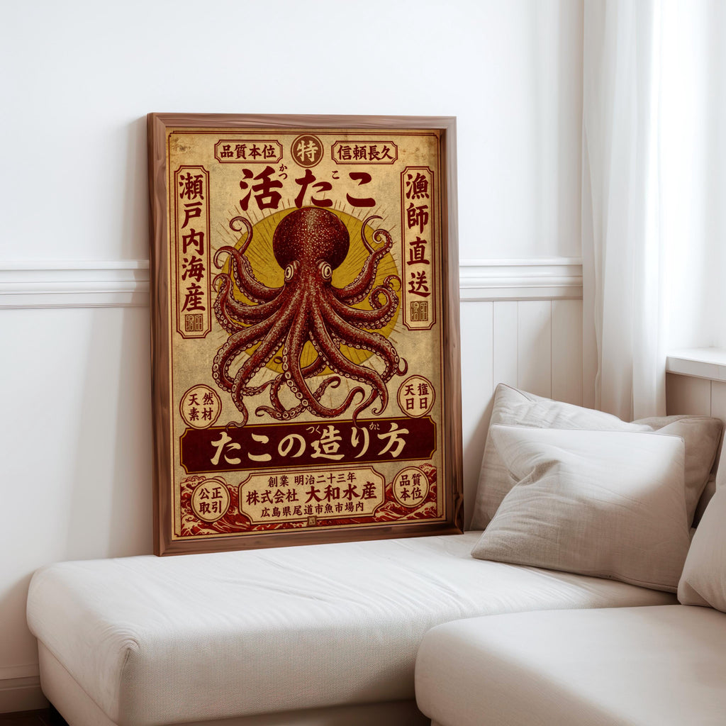 Vintage Japanese Octopus Poster, Ukiyo-e Style Wall Art, Retro Ad Print, Eclectic Office Decor, Kraken Asian Typograhy Pop Art