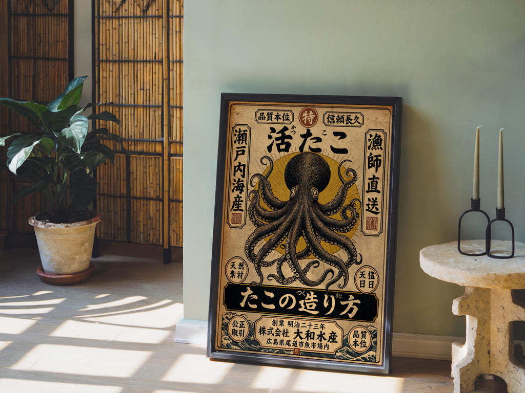 Vintage Japanese Octopus Poster, Ukiyo-e Style Wall Art, Retro Ad Print, Eclectic Office Decor, Kraken Asian Typograhy Pop Art