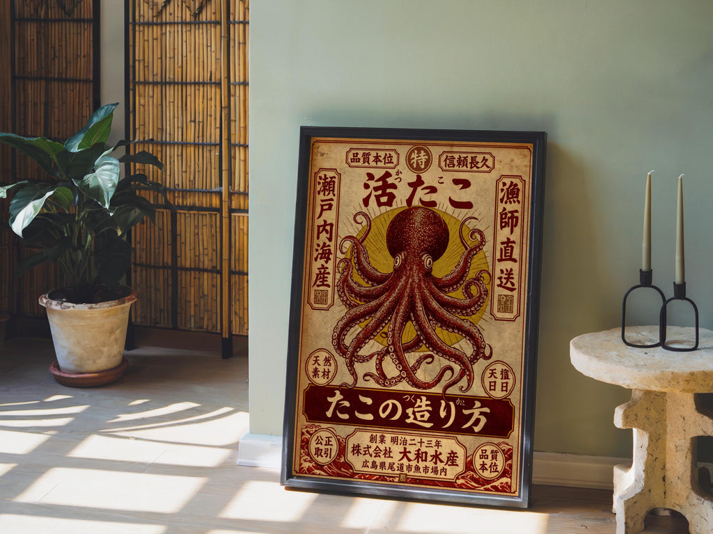 Vintage Japanese Octopus Poster, Ukiyo-e Style Wall Art, Retro Ad Print, Eclectic Office Decor, Kraken Asian Typograhy Pop Art