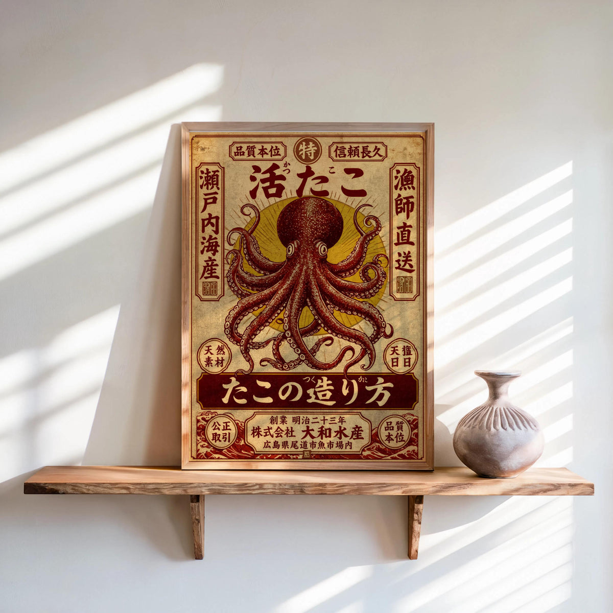 Vintage Japanese Octopus Poster, Ukiyo-e Style Wall Art, Retro Ad Print, Eclectic Office Decor, Kraken Asian Typograhy Pop Art