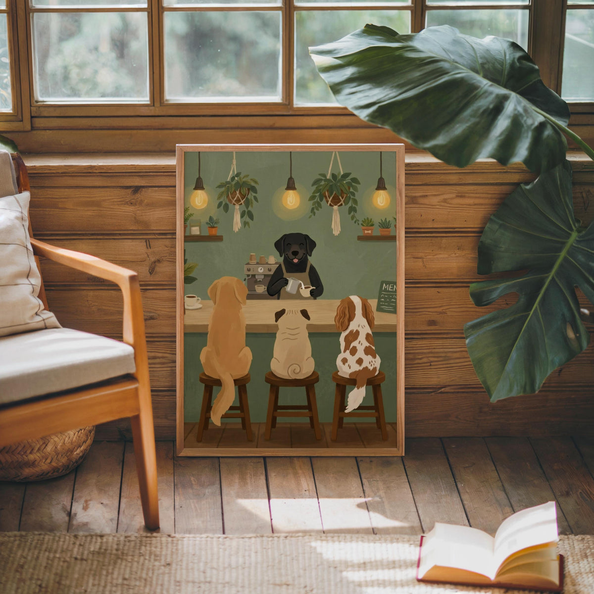 Dog Cafe Barista Art Print, Whimsical Pet Coffee Shop Illustration, Coffee Bar Poster with Dogs, Funny Kitchen Wall Decor, Cozy Animal Gift