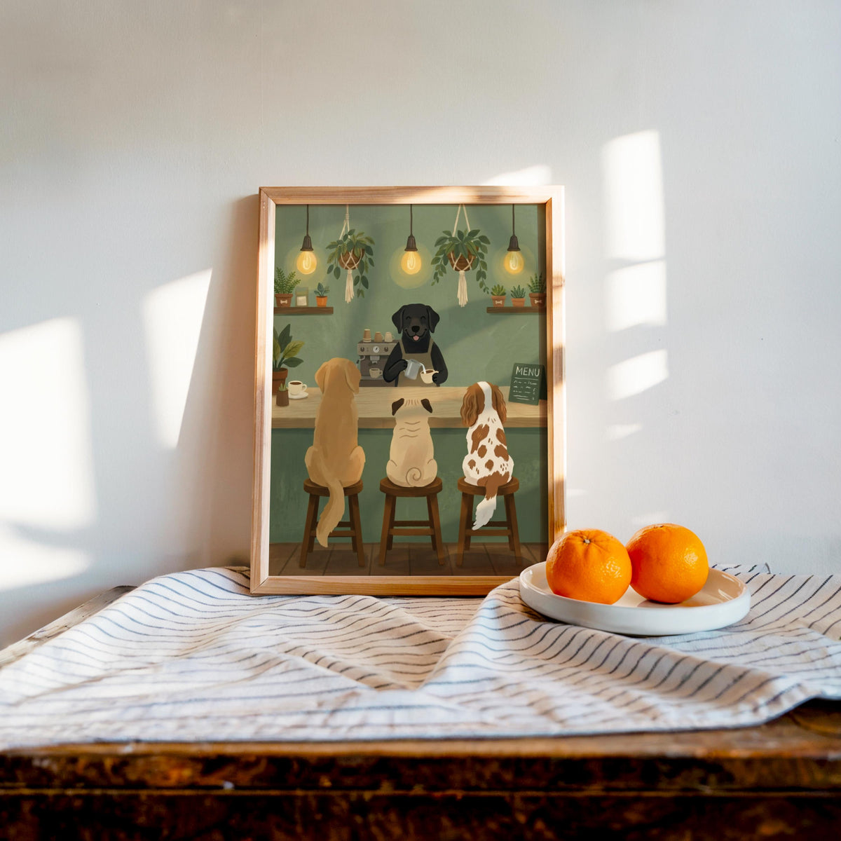 Dog Cafe Barista Art Print, Whimsical Pet Coffee Shop Illustration, Coffee Bar Poster with Dogs, Funny Kitchen Wall Decor, Cozy Animal Gift