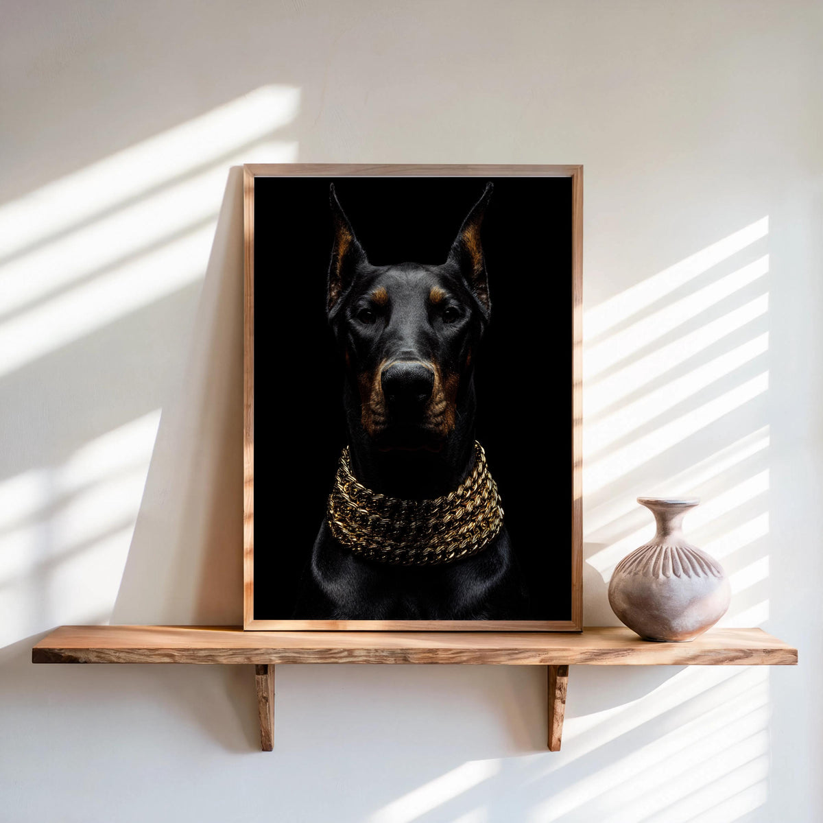 Doberman Gold Chain Wall Art, Luxury Dog Portrait Print, Glam Animal Poster, Modern Office Statement Decor, Doberman Lover Gift