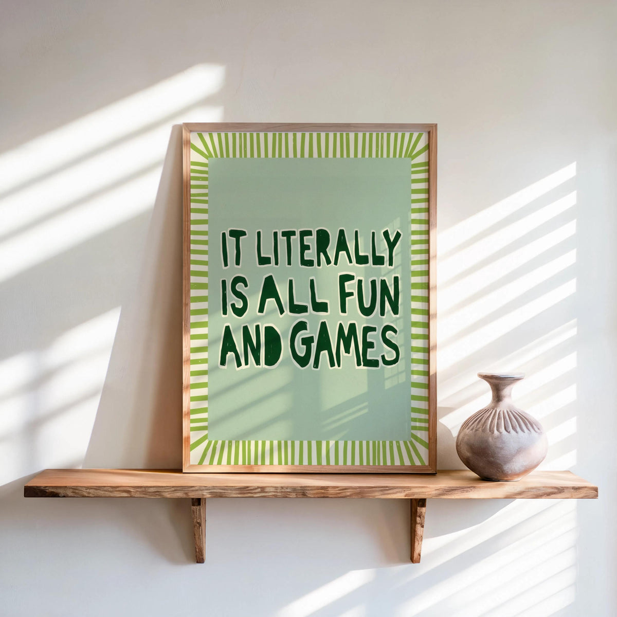It's Literally All Fun and Games Poster, Wavy Typography Print, Striped Border Wall Art, Funny Quote Poster, Retro Green Pink Blue Decor