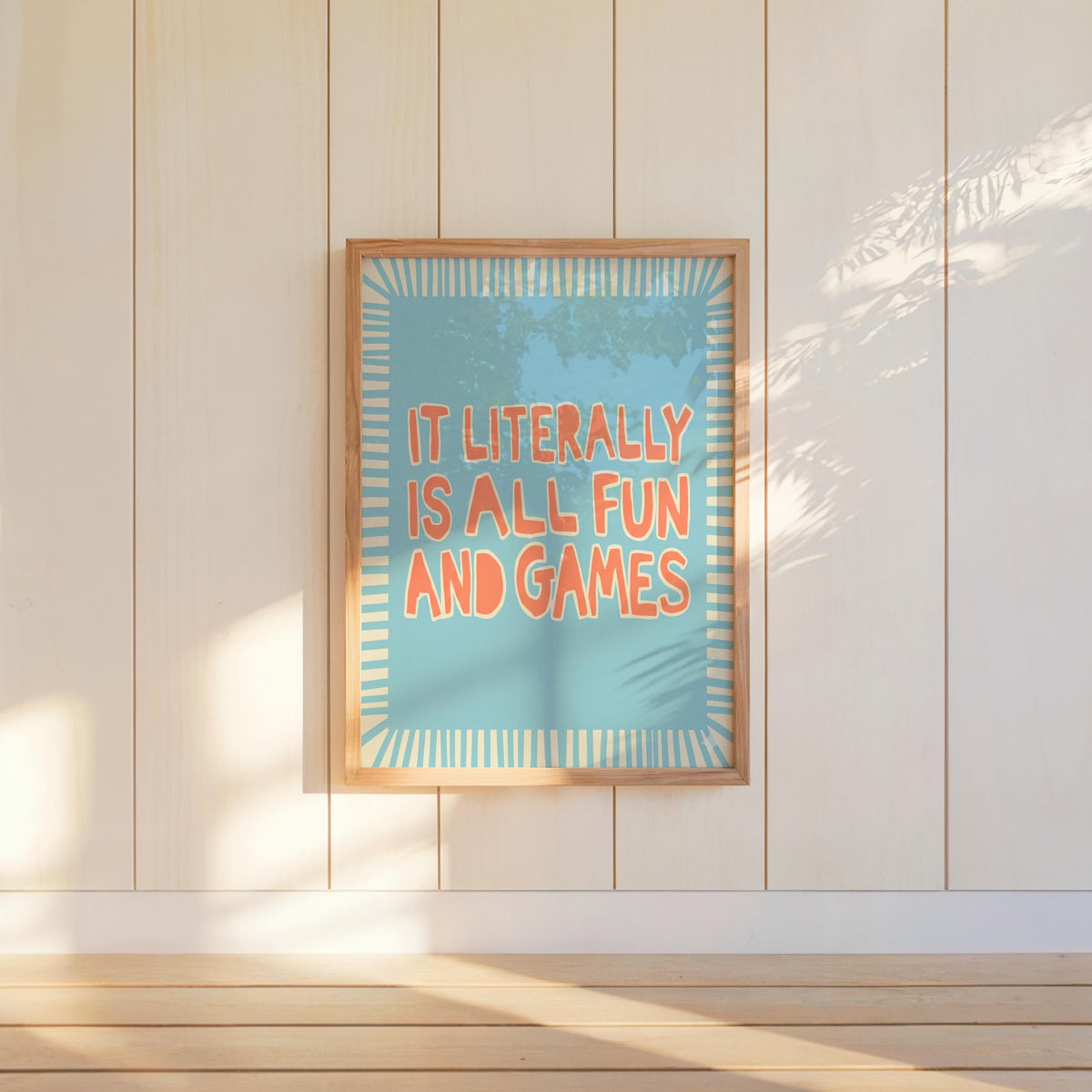It's Literally All Fun and Games Poster, Wavy Typography Print, Striped Border Wall Art, Funny Quote Poster, Retro Green Pink Blue Decor