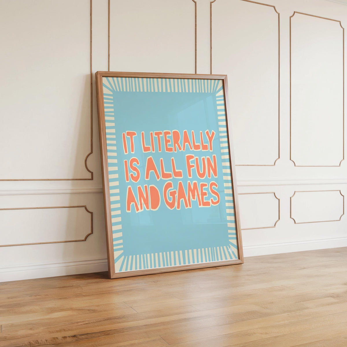 It's Literally All Fun and Games Poster, Wavy Typography Print, Striped Border Wall Art, Funny Quote Poster, Retro Green Pink Blue Decor